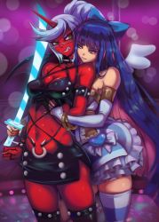Rule 34 | 2girls, absurdres, angel and devil, angel wings, angry, arm behind back, armlet, bangle, bare shoulders, black dress, black legwear, black wings, blue bow, blue eyes, blue hair, blue nails, blue thighhighs, blunt bangs, blurry, blush, bokeh, bow, bracelet, breasts, bridal gauntlets, cleavage, clenched hand, clenched teeth, clothing cutout, collar, collarbone, colored inner hair, colored skin, demon girl, demon wings, depth of field, dress, elbow gloves, embarrassed, eye contact, fang, female focus, frilled dress, frills, gloves, glowing, glowing weapon, green eyes, grin, hair bow, half-closed eyes, hand under clothes, hand up, happy, heart, highres, holding, holding sword, holding weapon, horns, indoors, jewelry, katana, kneesocks (psg), long hair, looking at another, looking to the side, medium breasts, multicolored eyes, multicolored hair, multiple girls, nail polish, navel, panty &amp; stocking with garterbelt, pink hair, pole, ponytail, purple background, red skin, short dress, side slit, sidelocks, single horn, skindentation, smile, spiked bracelet, spiked collar, spikes, standing, stocking (psg), stomach, streaked hair, striped clothes, striped legwear, striped thighhighs, sweat, swept bangs, sword, teeth, thighhighs, toasty scones, two-tone hair, v-shaped eyebrows, very long hair, weapon, white dress, white gloves, white wings, wings, yellow eyes, yuri, zettai ryouiki