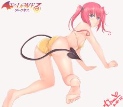 Rule 34 | 10s, 1girl, all fours, aori sora, ass, barefoot, bikini, breasts, cameltoe, copyright name, feet, from behind, highres, long hair, looking back, nana asta deviluke, pink hair, purple hair, simple background, small breasts, solo, swimsuit, tail, to love-ru, to love-ru darkness, toes, twintails