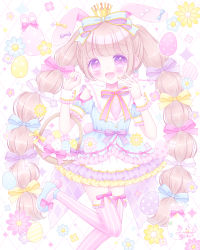 Rule 34 | 1girl, :d, animal ears, basket, blue bow, blue footwear, blue jacket, blush, bow, center frills, collared shirt, commentary request, crown, easter, easter egg, egg, frilled jacket, frilled skirt, frills, hair bow, hands up, highres, himetsuki luna, jacket, long hair, looking at viewer, mini crown, open mouth, original, pink bow, pink shirt, pink thighhighs, puffy short sleeves, puffy sleeves, purple bow, purple eyes, rabbit ears, shirt, shoes, short sleeves, skirt, smile, solo, standing, standing on one leg, striped bow, striped clothes, striped jacket, striped thighhighs, thighhighs, twintails, vertical-striped clothes, vertical-striped jacket, vertical-striped thighhighs, very long hair, white background, white bow, white skirt, wrist cuffs, yellow bow, yume kawaii