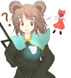 Rule 34 | 2girls, ?, alternate hair color, animal ears, black dress, bow, dress, female focus, gloves, hair bow, hakurei reimu, hizuki, looking at viewer, mouse ears, multiple girls, nazrin, parted lips, red eyes, simple background, stick, touhou, white background, white gloves
