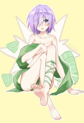 Rule 34 | 1girl, absurdres, arm support, barefoot, blush, fate/grand order, fate (series), feet, hair over one eye, highres, leg ribbon, crossed legs, looking at viewer, mash kyrielight, nude, parted lips, purple eyes, purple hair, ribbon, sitting, soles, toes