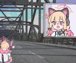 Rule 34 | 1girl, anger vein, angry, animal ear headphones, blonde hair, blue archive, blue necktie, blush, bow, bridge, cat ear headphones, commentary, fake animal ears, gun, hair bow, headphones, highres, jacket, livestream, lyrinne, meme, microphone, momoi (blue archive), necktie, open mouth, parody, pewdiepie, pewdiepie&#039;s pubg livestream n-word controversy (meme), pink eyes, pink jacket, playerunknown&#039;s battlegrounds, red bow, rifle, road, sidelocks, symbol-only commentary, video game, weapon