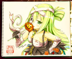 Rule 34 | 1girl, alina gray, alina gray (halloween ver.), bandaged arm, bandaged head, bandages, bare shoulders, candy, chain, chauke, food, gem, ghost tail, green eyes, green gemstone, green hair, hair between eyes, halloween costume, hand on own hip, holding, holding candy, holding food, holding lollipop, jack-o&#039;-lantern, lollipop, long hair, looking at viewer, magia record: mahou shoujo madoka magica gaiden, magical girl, mahou shoujo madoka magica, marker (medium), mask over one eye, official alternate costume, pumpkin, sarashi, sidelocks, single hair ring, solo, traditional media, very long hair