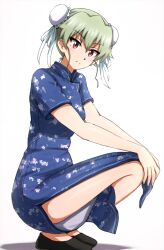 Rule 34 | 1girl, alternate hairstyle, anchovy (girls und panzer), black footwear, blue dress, blush, bun cover, china dress, chinese clothes, closed mouth, commentary, double bun, dress, flats, from side, frown, full body, girls und panzer, green hair, hair bun, hair up, hands on own knees, high collar, highres, light green hair, looking at viewer, omachi (slabco), print dress, red eyes, short hair, short sleeves, side slit, simple background, solo, squatting, thighs, white background