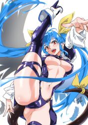 Rule 34 | 1girl, absurdres, angel wings, ass, blue hair, boots, breasts, butt crack, commission, dizzy (guilty gear), groin, guilty gear, guilty gear x, guilty gear xx, hashiguchi takashi, high heel boots, high heels, highres, large breasts, long hair, looking at viewer, monster girl, navel, open mouth, red eyes, revealing clothes, skeb commission, skindentation, smile, split, standing, standing on one leg, standing split, tail, thick thighs, thigh boots, thigh strap, thighs, underboob, very long hair, wings