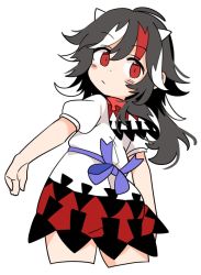 Rule 34 | 1girl, arrow print, black hair, closed mouth, cone horns, cropped legs, dress, from behind, horns, ini (inunabe00), kijin seija, looking at viewer, looking back, medium hair, multicolored hair, red eyes, red hair, simple background, solo, streaked hair, touhou, white background, white hair