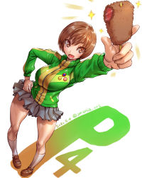 Rule 34 | 1girl, amania orz, atlus, brown eyes, brown hair, dated, food, green jacket, highres, holding, holding food, jacket, open mouth, persona, persona 4, pleated skirt, satonaka chie, sega, shiny clothes, shiny skin, short hair, simple background, skewer, skirt, solo, star (symbol), stick, track jacket, white background