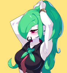 Rule 34 | 1girl, alternate hair length, alternate hairstyle, armpits, arms up, black shirt, blush, breasts, clothed pokemon, collarbone, collared shirt, creatures (company), crop top, drunkoak, female focus, game freak, gardevoir, gen 3 pokemon, green hair, green neckerchief, hair over one eye, hair tie, hair tie in mouth, half-closed eyes, large breasts, long hair, looking down, mouth hold, neckerchief, nintendo, own hands together, pokemon, pokemon (creature), red eyes, shirt, sidelocks, simple background, skindentation, sleeveless, sleeveless shirt, solo, tying hair, upper body, very long hair, watch, wristwatch, yellow background