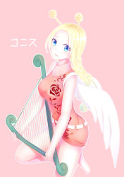 Rule 34 | 1girl, absurdres, barefoot, blonde hair, blue eyes, braid, character name, conis (one piece), feathered wings, harp, highres, instrument, long hair, one piece, open mouth, pink background, simple background, solo, twin braids, wings, zhandouli zhaganga