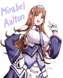 Rule 34 | 1girl, breasts, brown hair, eiyuu densetsu, gloves, hand on own hip, kuro no kiseki, large breasts, looking at viewer, maid headdress, mirabel aalton, necktie, pointing, pointing up, ponytail, simple background, solo, upper body, white background, xiacheng tatsuya