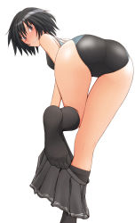 Rule 34 | 1girl, amagami, ass, bent over, black hair, blush, bob cut, clothes pull, competition swimsuit, feet, foreshortening, from behind, grey eyes, kneehighs, kneepits, looking back, nanasaki ai, one-piece swimsuit, pleated skirt, sasaki akira (ugc), short hair, skirt, skirt pull, socks, solo, standing, standing on one leg, swimsuit, swimsuit under clothes, thigh gap, thighs, undressing