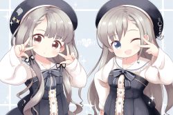 Rule 34 | 2girls, ;d, absurdres, anchor, beret, black bow, black dress, black headwear, black ribbon, blouse, blue eyes, blush, bow, braid, braided bangs, brown eyes, chain, cocozasa, double w, dress, earrings, grey hair, hair ribbon, hands up, hat, head tilt, highres, hisakawa hayate, hisakawa nagi, idolmaster, idolmaster cinderella girls, idolmaster cinderella girls starlight stage, jewelry, looking at viewer, low twintails, matching outfits, multiple girls, one eye closed, open mouth, parted lips, ribbon, sailor collar, shirt, siblings, sisters, smile, sparkle, strapless, strapless dress, twins, twintails, v over eye, w, white sailor collar, white shirt