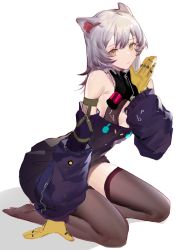 Rule 34 | 1girl, absurdres, animal ears, arknights, black thighhighs, breasts, chouchouhei, dress, full body, gloves, grey hair, hand up, highres, medium hair, mouse ears, mouse girl, purple dress, purple sleeves, scavenger (arknights), seiza, simple background, sitting, sleeveless, sleeveless dress, small breasts, solo, thighhighs, thighs, white background, yellow eyes, yellow gloves