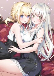 Rule 34 | 2girls, ahoge, amano soraha, assault lily, bare arms, bare shoulders, black skirt, blonde hair, blue eyes, breast press, breasts, brown background, brown eyes, collarbone, commentary request, couch, cowboy shot, egawa kusumi, flower, frilled skirt, frills, gradient background, grey hair, hair between eyes, hair flower, hair ornament, hand on another&#039;s arm, hand on another&#039;s back, high-waist skirt, highres, houji tea latte, hug, leaning forward, leaning on person, light blush, light particles, long hair, looking at viewer, looking to the side, low ponytail, medium breasts, miniskirt, multiple girls, on couch, parted lips, pleated skirt, ponytail, school uniform, see-through, shirt, sidelocks, sitting, skirt, sleeveless, sleeveless shirt, smile, suspender skirt, suspenders, symmetrical docking, very long hair, wet, wet clothes, wet shirt, white shirt, yuri, yurigaoka girls academy school uniform
