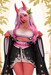 Rule 34 | 1girl, absurdres, artist name, black kimono, breasts, chest sarashi, colored skin, hair ornament, highres, horns, japanese clothes, japanese mythology, jewelry, kimono, large breasts, long hair, looking at viewer, maewix (artist), necklace, oni, open clothes, open kimono, orange eyes, red horns, red oni, red skin, sarashi, smile, solo, white hair