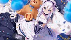Rule 34 | 1girl, aged down, apron, azur lane, belfast (azur lane), blue dress, blue eyes, blue footwear, blush, braid, collarbone, dhfz181, dress, elbow gloves, frills, from above, gloves, highres, little bel (azur lane), loafers, long hair, looking at viewer, maid, maid headdress, on bed, one side up, ribbon, shoes, unworn shoes, silver hair, sitting, sleeveless, smile, solo, white gloves