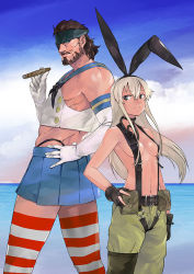 Rule 34 | 1boy, 1girl, back-to-back, big boss, big boss (cosplay), breasts, cigar, cosplay, costume switch, crossdressing, crossover, eyepatch, ikuyoan, kantai collection, metal gear (series), naked suspenders, navel, parody, patterned legwear, shimakaze (kancolle), shimakaze (kancolle) (cosplay), small breasts, striped clothes, striped thighhighs, suspenders, thighhighs, throat microphone, topless male