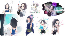 Rule 34 | 1girl, absurdres, aerial fireworks, aged down, alcohol, ass, baozi, black hair, blue eyes, blue kimono, blush, breasts, bug, business suit, butterfly, cleavage, coat, collared shirt, dancing, drunk, fireworks, food, formal, highres, insect, japanese clothes, jitome, kimono, medium breasts, medium hair, mo0o0rae, office lady, panties, ponytail, senpai ga uzai kouhai no hanashi, shirt, singlet, squeans, suit, tank top, tongue, tongue out, tsukishiro mona (shiromanta), underwear, vodka, white panties