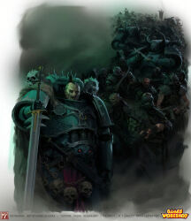 Rule 34 | absurdres, adeptus astartes, alpha legion, armor, artist logo, banner, battle standard, black horns, breastplate, chain, chaos space marine, commentary, company name, english commentary, facebook username, fake horns, full armor, gauntlets, glowing, glowing eyes, greaves, hair tubes, helmet, highres, holding, holding knife, holding sword, holding weapon, horned helmet, horns, instagram username, knife, mask, miguel iglesias, open mouth, pauldrons, power armor, rebreather, red eyes, scabbard, sheath, sheathed, shoulder armor, skull, skull ornament, solo, spiked armor, spiked helmet, sword, tattoo, tube, vambraces, war banner, warhammer 40k, watermark, weapon, web address, yellow eyes, youtube username
