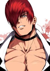 Rule 34 | 1boy, absurdres, bara, beniazumaru, black choker, blouse, choker, collared shirt, evil smile, hair over one eye, highres, large pectorals, looking at viewer, male focus, muscular, muscular male, one eye covered, pectoral cleavage, pectorals, red eyes, red hair, shirt, short hair, smile, solo, teeth, the king of fighters, upper body, white shirt, yagami iori