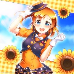 Rule 34 | 1girl, :d, adjusting clothes, adjusting headwear, badge, blue eyes, blush, bow, bowtie, button badge, buttons, clenched hand, double-breasted, flower, food, fruit, gloves, hand up, hat, highres, kosaka honoka, looking at viewer, love live!, love live! school idol festival, love live! school idol project, one side up, open mouth, orange (fruit), orange hair, orange shirt, orange slice, plaid, plaid background, polka dot, polka dot skirt, ponyagii, round teeth, shirt, short sleeves, skirt, smile, solo, sunflower, teeth, upper teeth only, vest, white bow, white bowtie, white gloves
