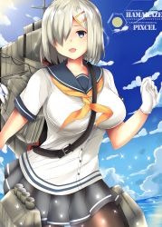 Rule 34 | 10s, 1girl, artist name, black pantyhose, blue eyes, blue sky, breasts, buttons, character name, cloud, day, gloves, hair ornament, hair over one eye, hairclip, hamakaze (kancolle), kantai collection, large breasts, looking at viewer, machinery, neckerchief, open mouth, orange neckerchief, pantyhose, pixcel, pleated skirt, school uniform, serafuku, short hair, silver hair, skirt, sky, solo, sparkle, water, white gloves