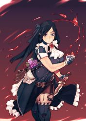 Rule 34 | 1girl, absurdres, bag, bandages, belt, black bow, black hair, black thighhighs, blood, blush, bow, closed mouth, commission, covered erect nipples, cuffs, dagger, dungeons &amp; dragons, flower, frills, gem, grey eyes, highres, holding, holding dagger, holding knife, holding weapon, knife, long hair, oujuo1, purple flower, red bow, sleeves rolled up, solo, thighhighs, weapon