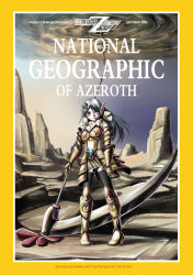 Rule 34 | 1girl, 2009, armor, blue hair, border, cloud, cover, long hair, looking at viewer, magazine cover, miniskirt, national geographic, outdoors, parody, pigeon-toed, pointy ears, saigo no shito, scythe, skirt, sky, solo, standing, text focus, thighhighs, warcraft, watermark, web address, world of warcraft, yellow border, yellow eyes, zettai ryouiki