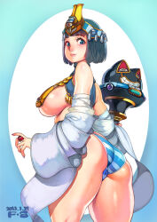 Rule 34 | 1girl, ass, black hair, blue eyes, bracelet, breasts, dimples of venus, egyptian, egyptian clothes, f.s., highres, jewelry, large breasts, lips, menace (queen&#039;s blade), outside border, panties, queen&#039;s blade, short hair, solo, striped clothes, striped panties, thighs, underboob, underwear