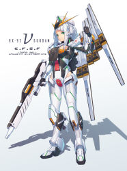Rule 34 | 1girl, absurdres, armored boots, beam rifle, boots, char&#039;s counterattack, character name, energy gun, eyes visible through hair, fin funnels, full body, green hair, gundam, highres, leotard, looking at viewer, mecha musume, neko7, nu gundam, personification, shadow, simple background, solo, standing, thrusters, weapon, white background, white hair