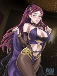 Rule 34 | 1girl, alternate costume, bare shoulders, belt, blush, bodystocking, braid, breasts, cape, circlet, cleavage, collar, cosplay, curvy, dancer, dmnalexknight, dorothea arnault, dorothea arnault (cosplay), fire emblem, fire emblem heroes, hair ornament, holding, jewelry, large breasts, lene (fire emblem), lene (fire emblem) (cosplay), lips, loki (fire emblem), long hair, looking at viewer, midriff, nail polish, navel, nintendo, open mouth, pantyhose, pelvic curtain, purple eyes, purple hair, purple nails, revealing clothes, simple background, smile, solo, thighs
