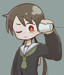 Rule 34 | 1girl, arm at side, arm up, black shirt, bright pupils, brown hair, closed mouth, commentary request, cup, disposable cup, green background, green neckerchief, highres, holding, holding cup, light blush, long hair, long sleeves, neckerchief, one eye closed, original, pink pupils, red eyes, sailor collar, shirt, simple background, solo, string phone, takurada, twintails, white sailor collar