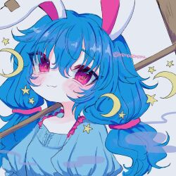Rule 34 | 1girl, :3, animal ears, blue dress, blue hair, blush, closed mouth, crescent, dress, earclip, hair between eyes, highres, kine, long hair, mallet, one-hour drawing challenge, portrait, puffy short sleeves, puffy sleeves, rabbit ears, red eyes, renakobonb, seiran (touhou), short sleeves, simple background, smile, solo, star (symbol), touhou, twitter username, white background
