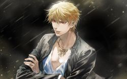 Rule 34 | 1boy, alt text, black jacket, blonde hair, casual, crossed arms, dark background, earrings, fate/stay night, fate (series), gilgamesh (fate), gilgamesh (immoral biker jacket) (fate), highres, jacket, jewelry, korean commentary, long sleeves, looking afar, male focus, necklace, official alternate costume, pectorals, red eyes, shirt, short hair, smile, solo, tatam (mmigaya), upper body