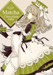 Rule 34 | 1girl, akakura, apron, black gloves, black ribbon, black sleeves, blonde hair, bow, brown background, buttons, cake, chokokeki 6 shimai, closed mouth, clothes grab, commentary request, cowboy shot, dangle earrings, detached sleeves, dress, earrings, english text, eyelashes, floral print, food, frilled apron, frills, gloves, green dress, green eyes, green hat, green ribbon, hat, hat bow, highres, holding, holding plate, jewelry, lace, lace-trimmed apron, lace-trimmed bow, lace-trimmed dress, lace-trimmed sleeves, lace trim, layered sleeves, light blush, long hair, looking ahead, original, plate, ribbon, ribbon-trimmed apron, ribbon trim, short dress, simple background, sleeve grab, sleeve ribbon, sleeveless, sleeveless dress, smile, solo, striped clothes, striped dress, striped headwear, triangle earrings, vertical-striped clothes, vertical-striped dress, vertical-striped headwear, white apron, white bow, white sleeves