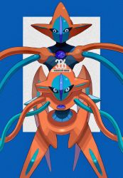 Rule 34 | black eyes, blue border, border, commentary, creatures (company), deoxys, deoxys (attack), deoxys (normal), game freak, gem, gen 3 pokemon, gogot, highres, legs apart, looking at viewer, mythical pokemon, nintendo, no humans, pokemon, pokemon (creature), purple gemstone, tentacles, white background