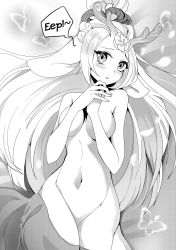 Rule 34 | 1girl, animal ears, antlers, bare shoulders, blush, breasts, bug, butterfly, covering breasts, covering privates, flower, greyscale, groin, hair ornament, highres, horns, insect, large breasts, league of legends, lillia (league of legends), long hair, looking at viewer, monochrome, navel, odeko yma, open mouth, solo, speech bubble, spirit blossom (league of legends), spirit blossom lillia, taur