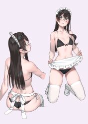 Rule 34 | 1girl, alternate costume, apron, apron lift, ass, bare shoulders, bikini, black bikini, blush, breasts, butt crack, clothes lift, from behind, full body, green eyes, highres, kantai collection, kneeling, lifted by self, long hair, looking at viewer, maid, maid apron, maid bikini, maid headdress, multiple views, no shoes, ooyodo (kancolle), semi-rimless eyewear, simple background, sitting, small breasts, solo, string bikini, swimsuit, thighhighs, unconventional maid, under-rim eyewear, waist apron, white apron, white background, white thighhighs, yuuji (and)