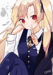 Rule 34 | 1girl, asymmetrical bangs, azur lane, black neckwear, black ribbon, blonde hair, blue jacket, blue pants, blue vest, cake (isiofb), character name, cleveland (azur lane), cleveland (gentry knight) (azur lane), closed mouth, collared shirt, commentary request, fingernails, hair ribbon, hands up, head tilt, index finger raised, jacket, jacket on shoulders, light smile, long hair, long sleeves, looking at viewer, necktie, one side up, pants, parted bangs, red eyes, ribbon, shirt, signature, solo, striped neckwear, vertical-striped clothes, vertical-striped necktie, vertical-striped neckwear, very long hair, vest, white shirt