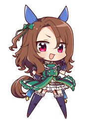 Rule 34 | 1girl, animal ears, black gloves, black thighhighs, brown hair, buttons, dress, frilled dress, frilled thighhighs, frills, garter straps, gloves, green dress, highres, horse ears, horse girl, horse tail, king halo (umamusume), layered dress, looking at viewer, medium hair, mochimochi kinako., open mouth, red eyes, simple background, smile, solo, tail, thighhighs, umamusume, white background