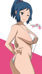 Rule 34 | 10s, 1girl, absurdres, arms behind back, blue hair, blush, breasts, butt crack, covered erect nipples, curvy, green eyes, gundam, gundam build fighters, hair ornament, highres, iori rinko, large breasts, long hair, looking at viewer, mature female, one eye closed, ponytail, simple background, slingshot swimsuit, smile, solo, swimsuit, tonotyama, wink