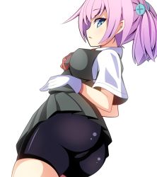 Rule 34 | 10s, 1girl, ass, bad id, bad pixiv id, bike shorts, blue eyes, cameltoe, cowboy shot, from below, gloves, kantai collection, looking at viewer, neck ribbon, oimo (imoyoukan), oimonocake, open mouth, pink hair, ponytail, red ribbon, ribbon, shiranui (kancolle), solo
