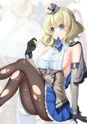Rule 34 | 1girl, arm support, baozha gangbi, black gloves, black pantyhose, blonde hair, blue eyes, blue skirt, breasts, capelet, colorado (kancolle), elbow gloves, gloves, highres, kantai collection, medium breasts, mouth hold, pantyhose, short hair, sideboob, sitting, skirt, solo, torn clothes, torn pantyhose