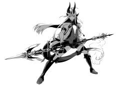 Rule 34 | 1girl, absurdres, ahoge, arknights, dragon horns, dragon tail, full body, gloves, greyscale, highres, holding, holding polearm, holding spear, holding weapon, horns, jacket, light in heart, long hair, long sleeves, monochrome, open clothes, open mouth, polearm, reed (arknights), solo, spear, sweater, tail, toxin000x, weapon, white background