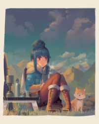Rule 34 | 1girl, backpacking stove, blue coat, blue hair, breath, brown footwear, cellphone, chair, cloud, coat, day, dog, hair bun, highres, knees together feet apart, looking at viewer, mountain, orange pantyhose, outdoors, pantyhose, phone, pinecone, portable stove, psi (583278318), purple eyes, shima rin, single hair bun, sitting, sky, smartphone, solo, table, thermos, yurucamp