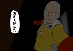 Rule 34 | 1boy, bald, cape, clenched hand, dark, gloves, long sleeves, looking at viewer, male focus, one-punch man, pov, resident evil, resident evil 7: biohazard, saitama (one-punch man), smile, welcome to the family son (meme), yashiro (pixiv7800421), zipper