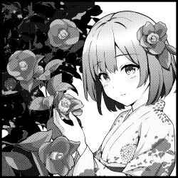 Rule 34 | 1girl, absurdres, black border, blush, border, bush, commentary request, floral print kimono, flower, greyscale, hair flower, hair ornament, halftone, highres, holding, holding flower, japanese clothes, kimono, light smile, long sleeves, looking at viewer, monochrome, original, short hair, sidelocks, solo, white background, wide sleeves, yutuki ame