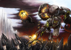 Rule 34 | armor, battle, bolter, boots, chainsaw, chainsword, cleaver, eldar, epic, explosion, flying, gun, helmet, highres, jetpack, no humans, orc, ork (warhammer), red eyes, scar, smoke, tianzhong zhongtian, waaagh!, warhammer 40k, weapon