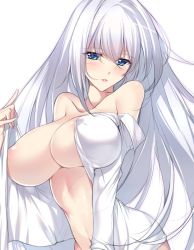 Rule 34 | 1girl, areola slip, blue eyes, blush, breasts, cleavage, huge breasts, light smile, long hair, looking at viewer, minamon (vittel221), naked shirt, navel, open clothes, open shirt, parted lips, shirt, silver hair, simple background, solo, undressing, very long hair, white background, white shirt