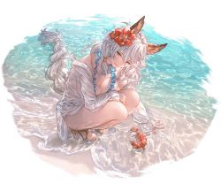 Rule 34 | 1girl, animal ears, beach, breasts, cleavage, erune, flower, granblue fantasy, hair flower, hair ornament, hair tubes, heles, heles (summer) (granblue fantasy), high heels, large breasts, long hair, looking at viewer, official art, one-piece swimsuit, shirt, solo, swimsuit, transparent background, very long hair, wet, wet clothes, wet shirt, white hair, white one-piece swimsuit, yellow eyes